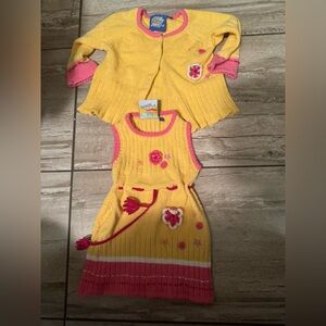Vintage mini bee Yellow and Pink Knit Dress and Cardigan Set